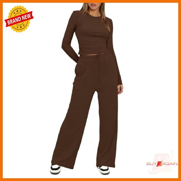 Women's 2 Piece Lounge Set Long Sleeve Top Wide Leg Pants Matching Outfit - Picture 4 of 8